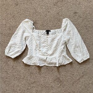 Forever 21 White Puff Sleeve Smocked Blouse